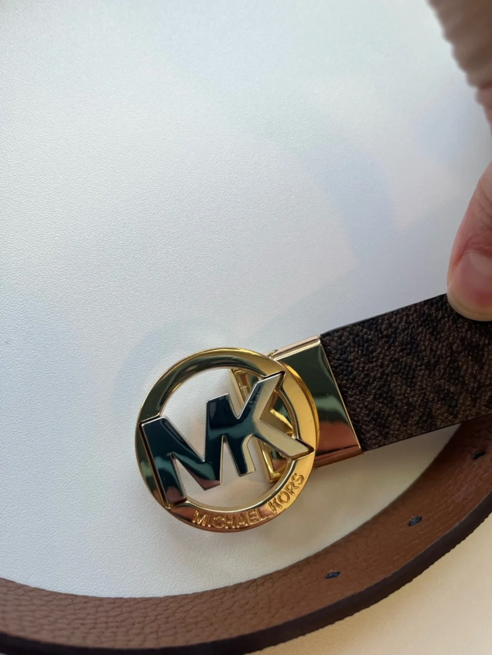 Michael Kors Reversible MK Logo Belt Brown Monogram Gold Buckle 43.5”